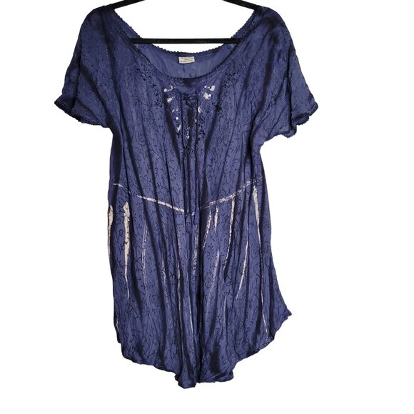 Advance Apparel Womens Plus One Size Fairy Embroidered Blouse Short Sleeve Pleat - Picture 3 of 8